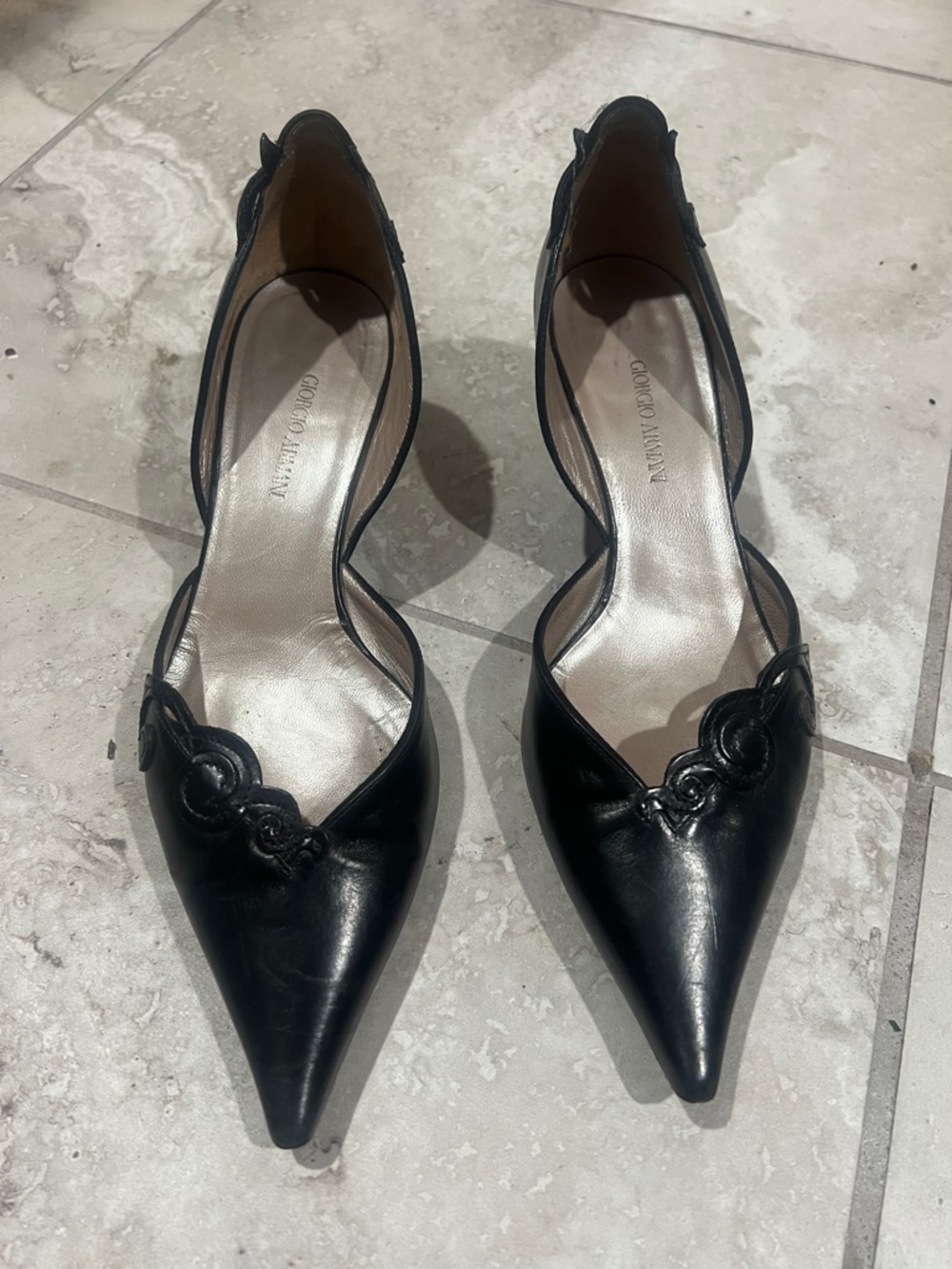 Giorgio Armani Black Pointed Toe Slingback Heels with Floral Appliqué